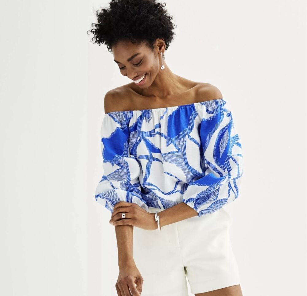 Nine West Blue And White Off Shoulder Summer Blouse Large